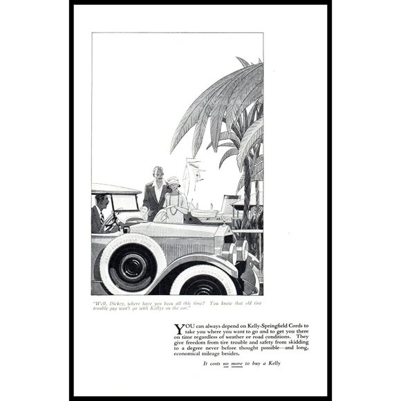 1924 Kelly Tires Antique Car Vintage Print Ad Cruise Ship Port Palm Trees Couple - Picture 1 of 1